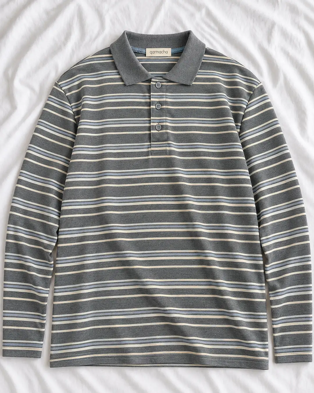 Ürün görseli: Unisex Çizgili Polo Yaka Penye T-Shirt - Gri