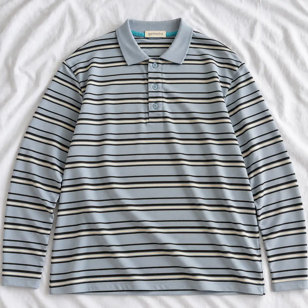 Ürün görseli: Unisex Çizgili Polo Yaka Penye T-Shirt - Bebe Mavisi