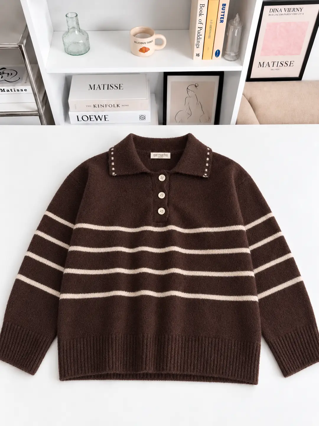 Ürün görseli: Retro Polo Yaka Çizgili Kazak - Acı Kahve