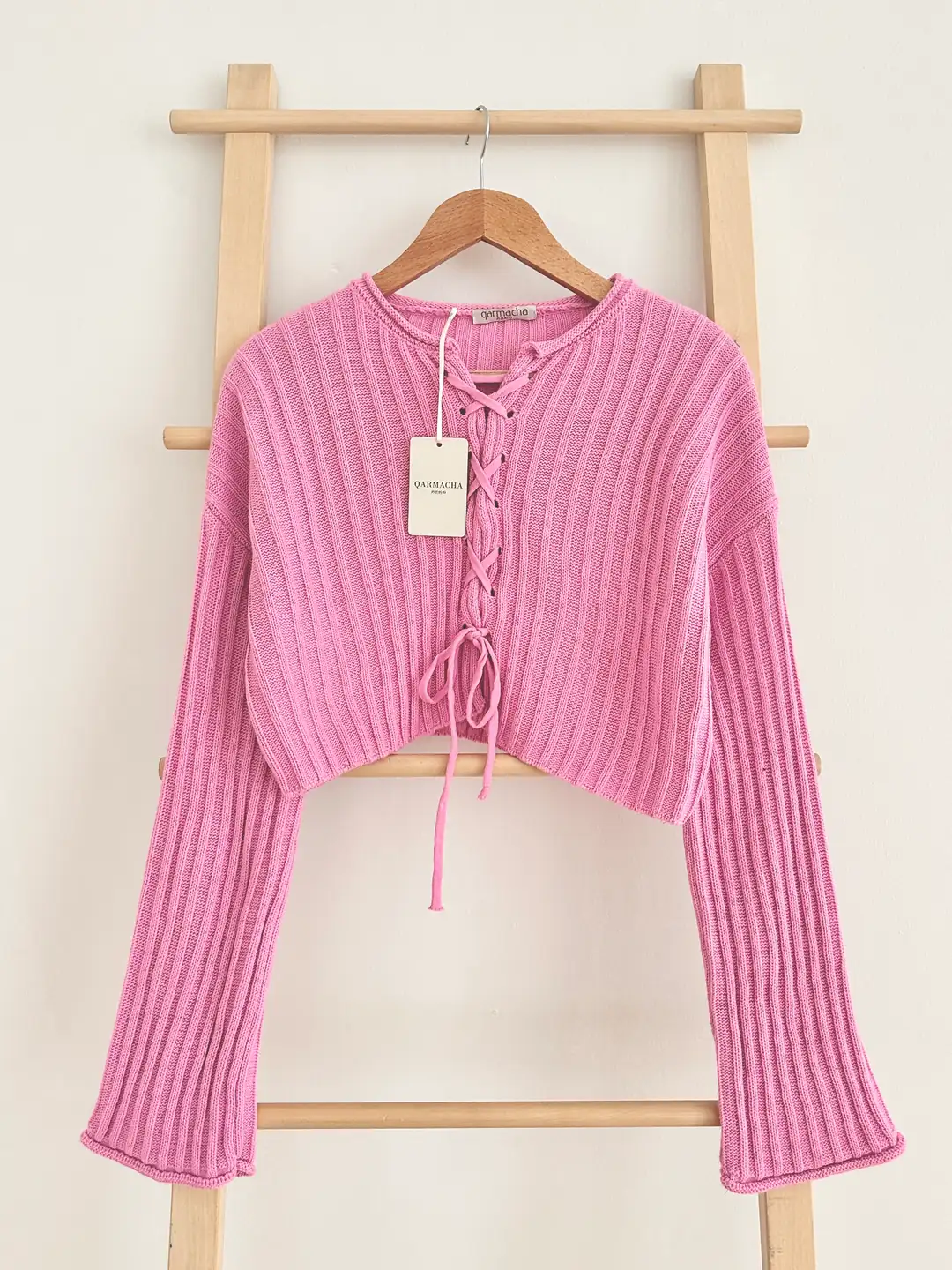 Ürün görseli: Çapraz İpli Crop Kazak - Pembe