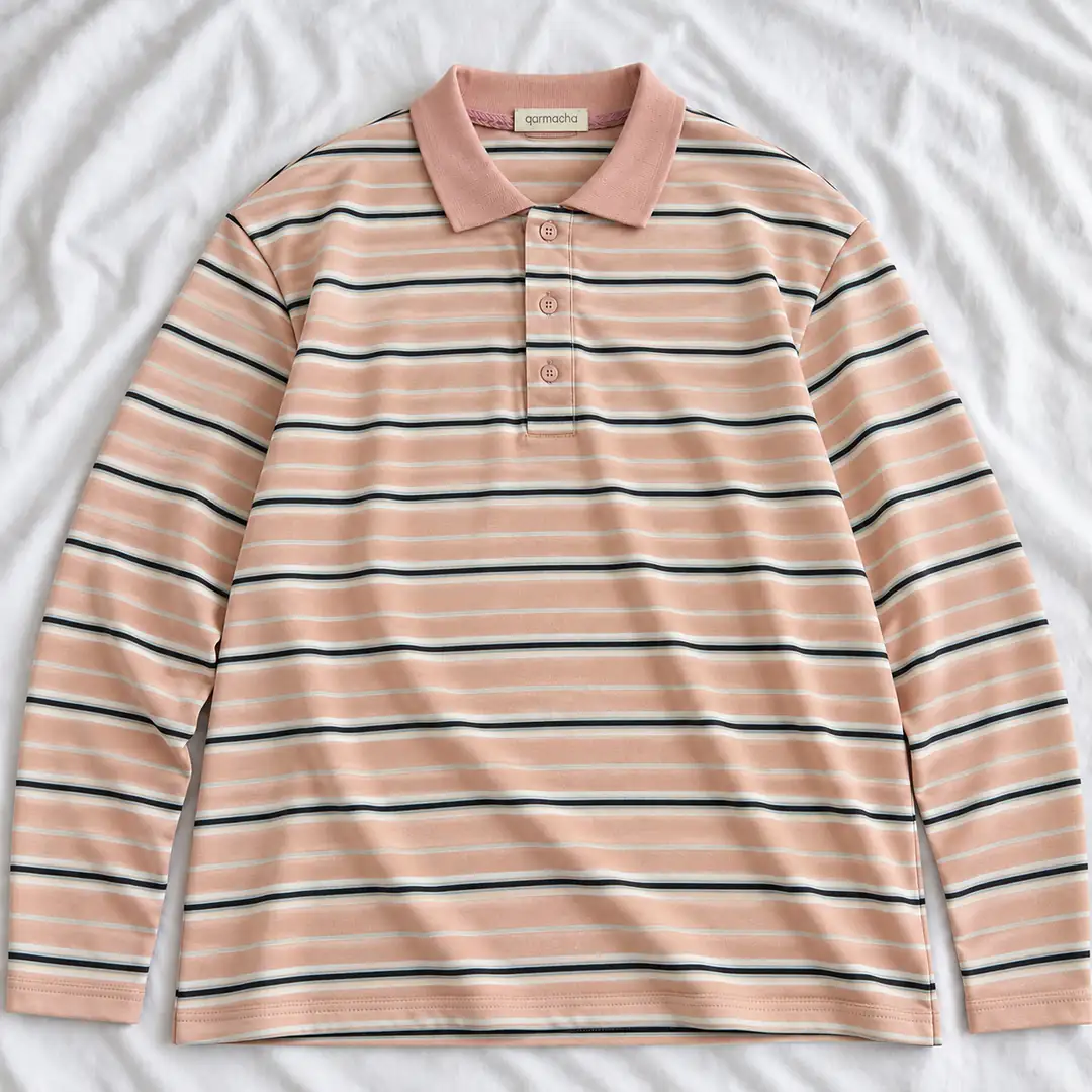 Ürün görseli: Unisex Çizgili Polo Yaka Penye T-Shirt - Pudra